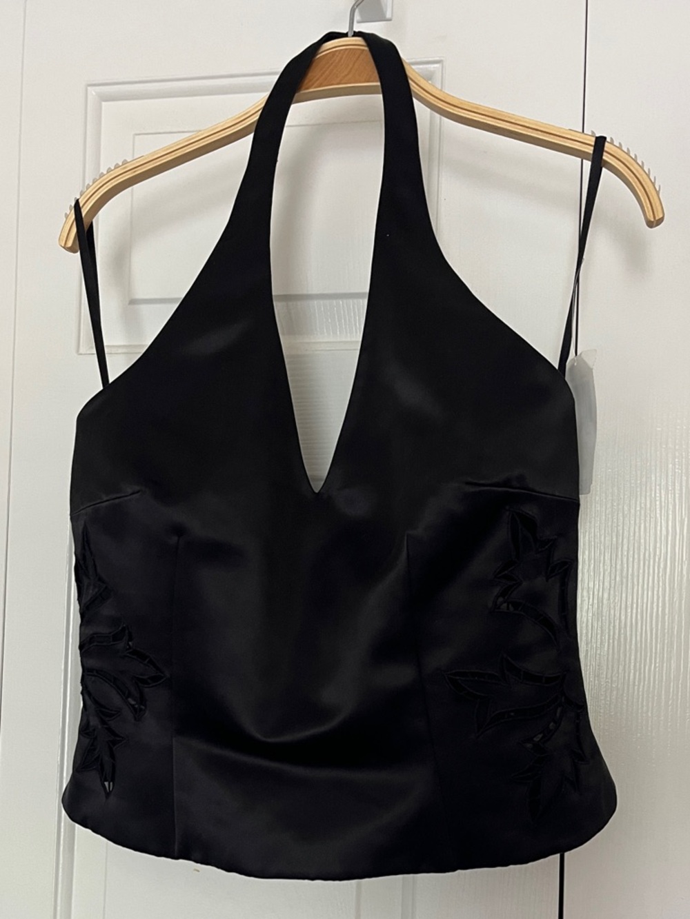 Black Satin Halter V-Neck Top